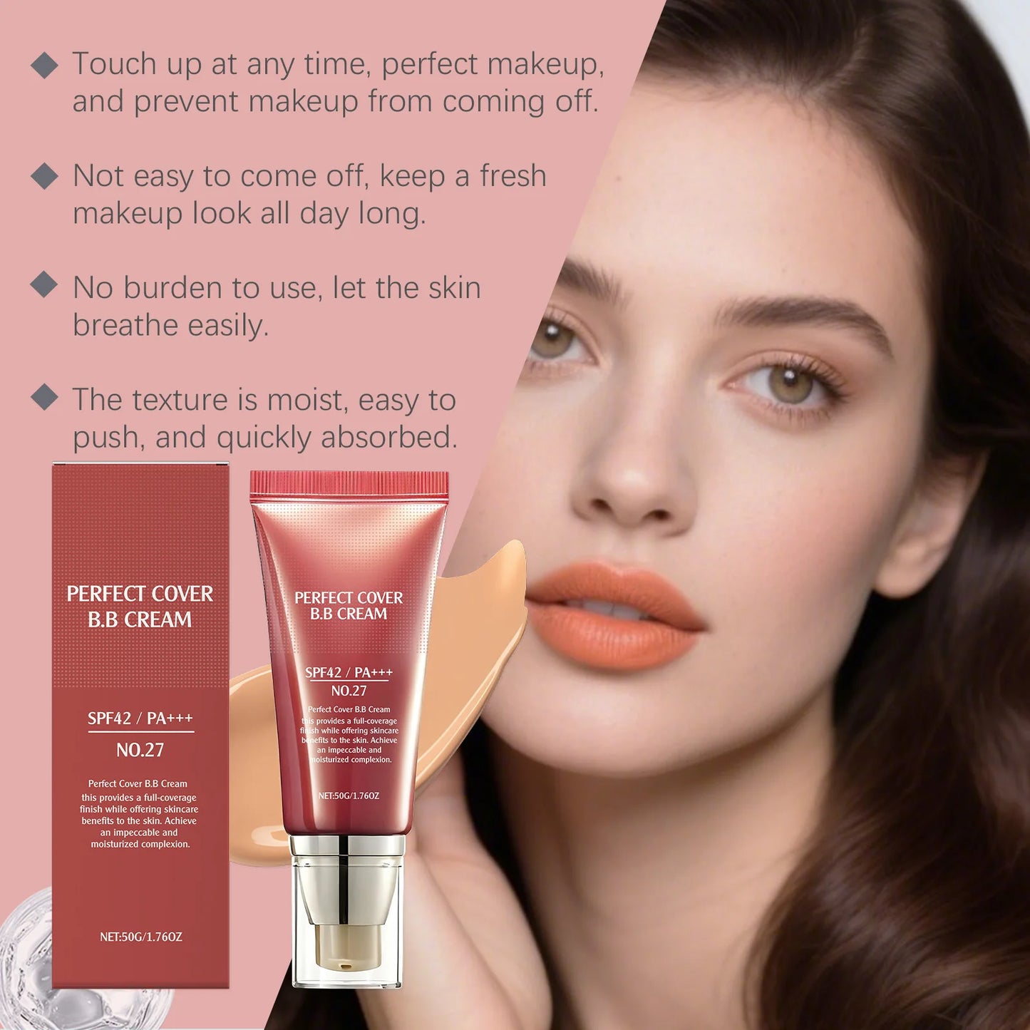 BB Cream SPF 42 PA +++ Tinted Moisturizer for Face Full Coverage Concealer Liquid Foundation Makeup for Dark Circles Fine Lines